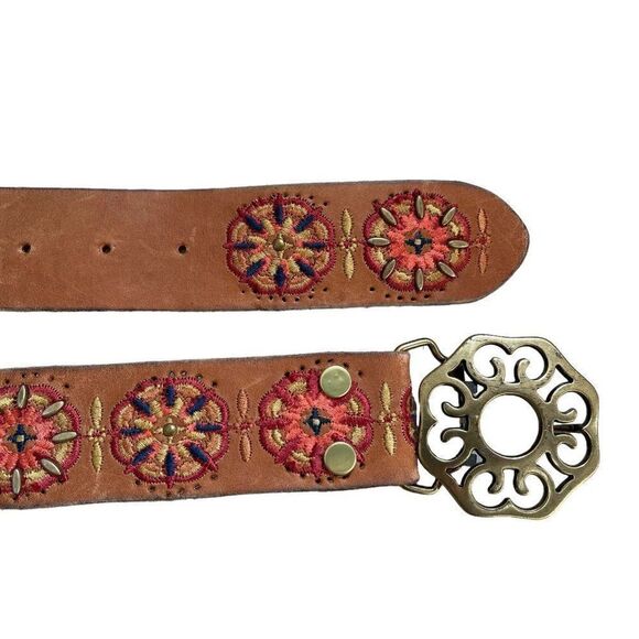 Lucky Brand Womens Brown Leather Multicolor Floral Hippie Western Belt Sz S - Picture 3 of 8